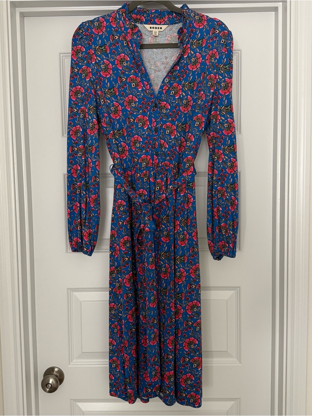 Boden Blue & Pink Floral Long Sleeve Midi Dress, Size 8